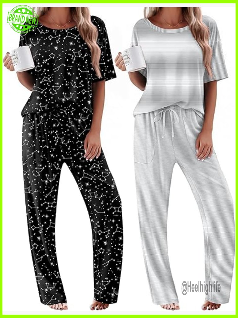 2 Pc Pajama Sets Short Sleeve Tops Long Pants Lounge Set With Pockets S-Xxl
